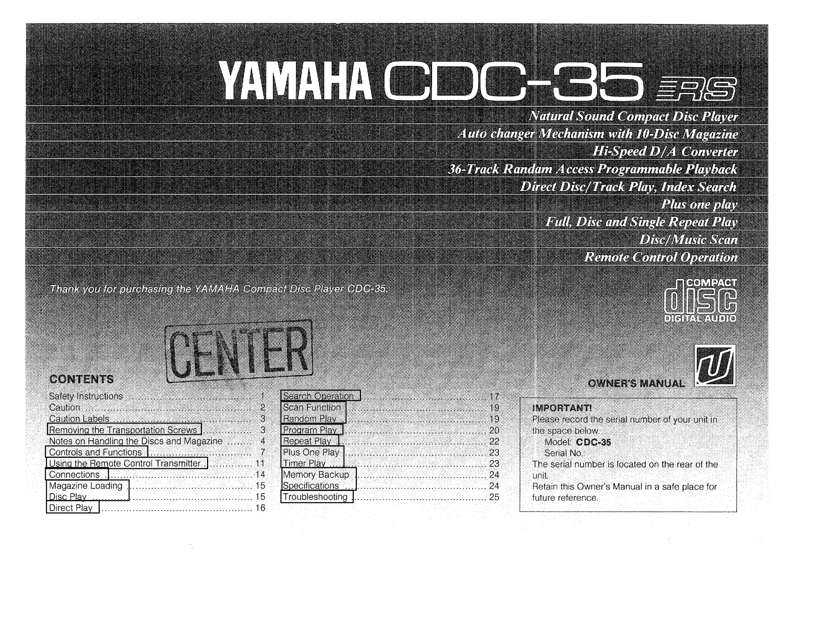 Yamaha CDC-35, CDC-35RS Owner Manual