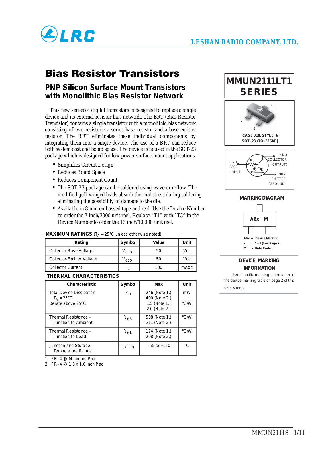 LRC MMUN2113LT1, MMUN2130LT1, MMUN2116LT1, MMUN2133LT1, MMUN2114LT1 Datasheet