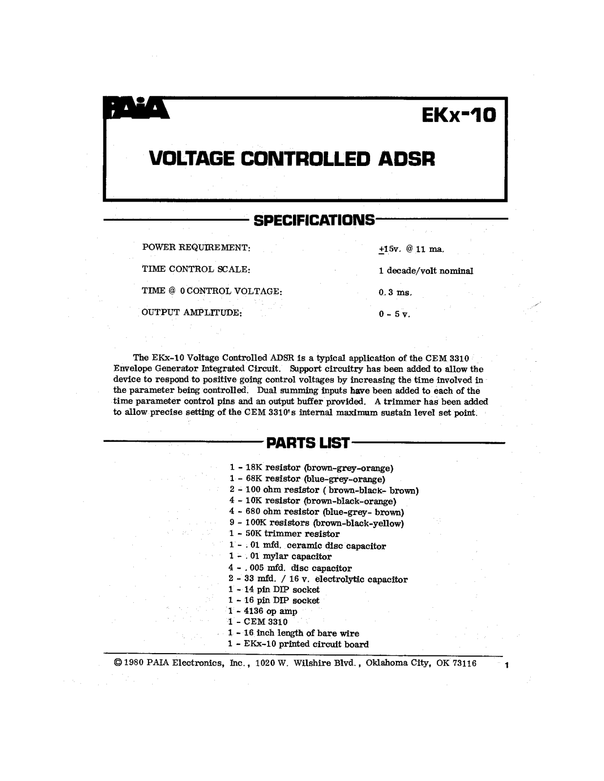 PAiA Electronics EKx-10 Instruction Manual