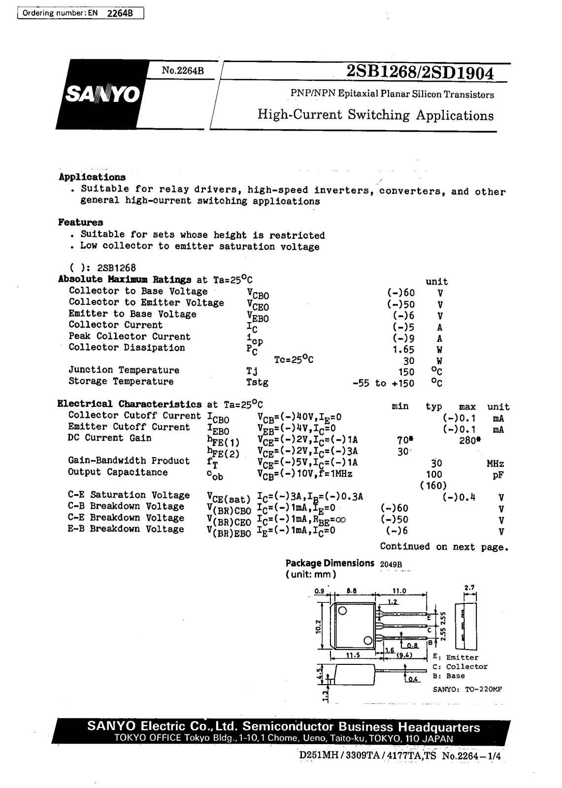 SANYO 2SD1904, 2SB1268 Datasheet