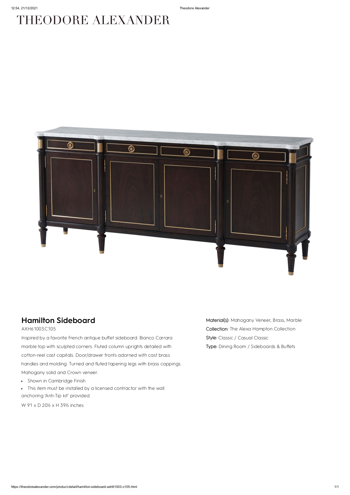 Theodore Alexander FPLJ3570 Specifications - ManualMachine.com