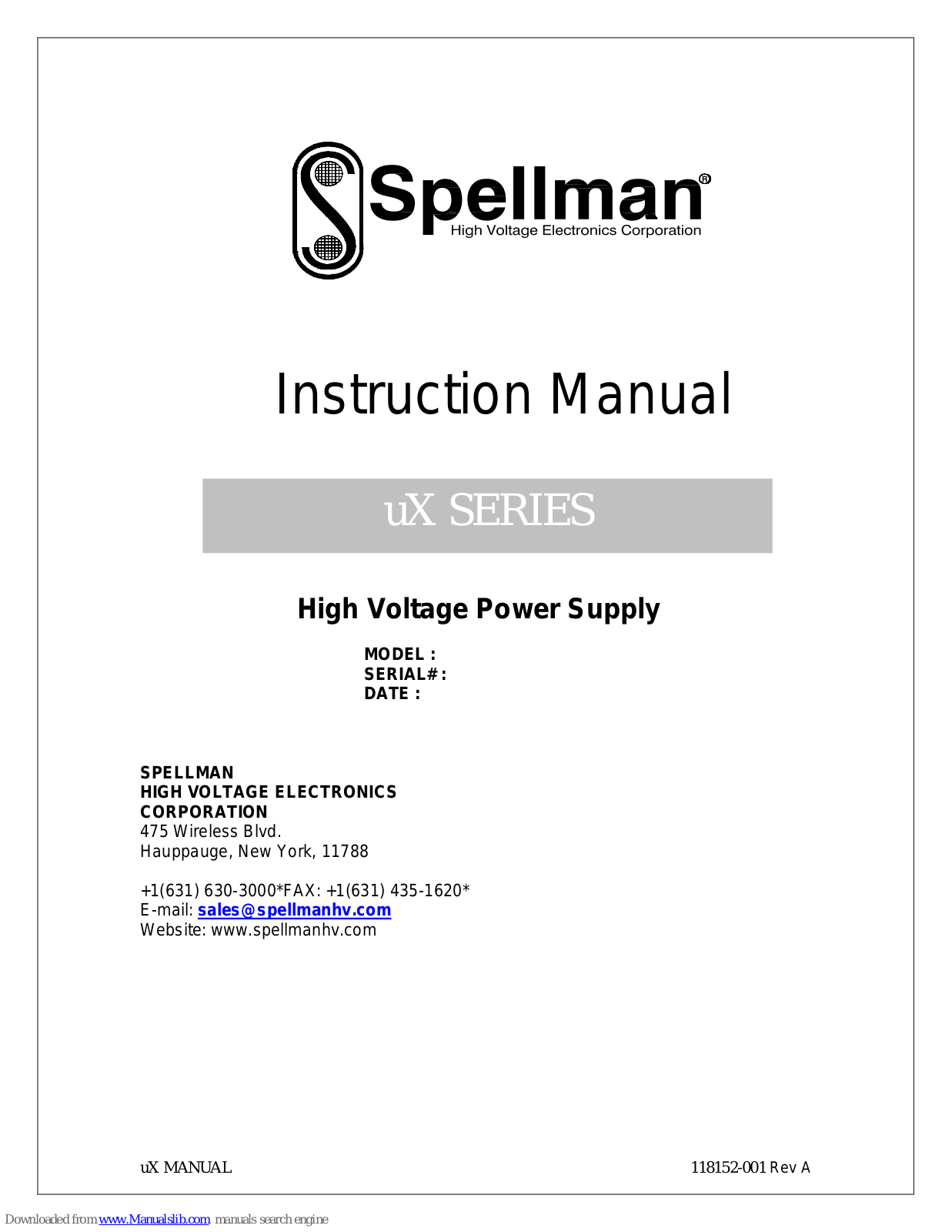 Spellman uX SERIES Instruction Manual