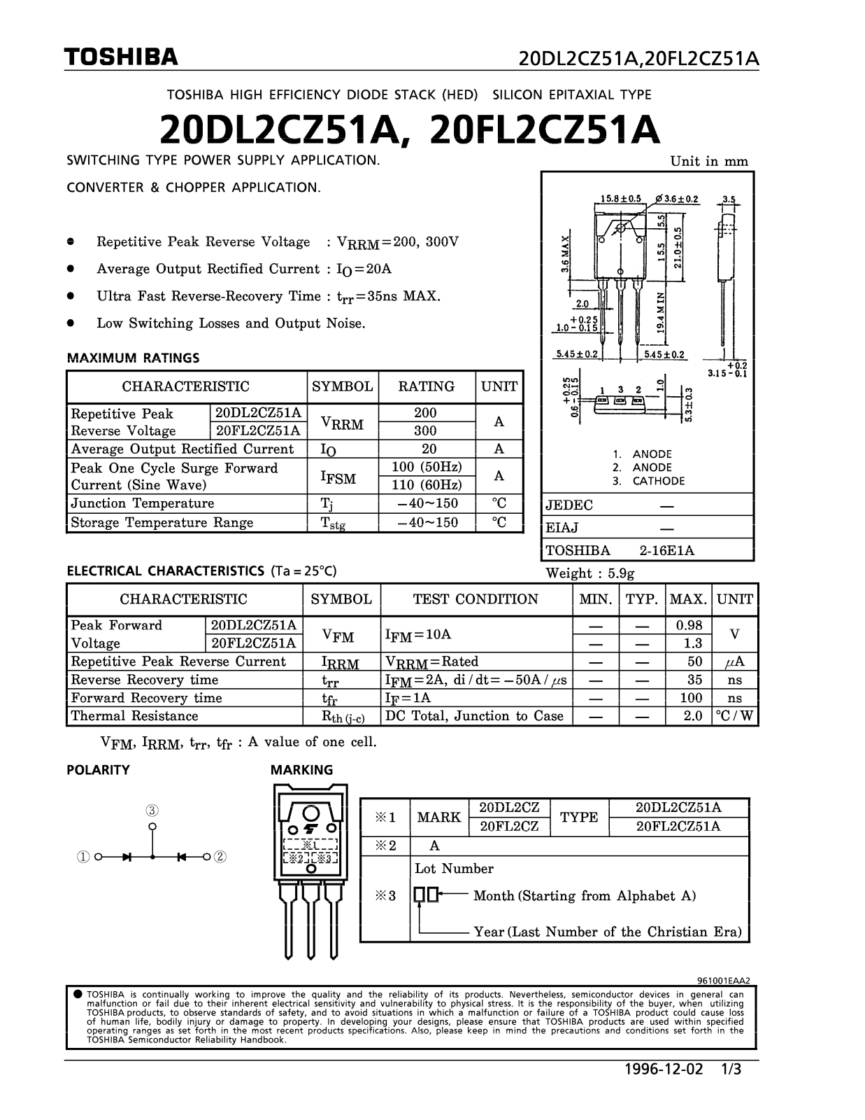 Toshiba 20FL2CZ51A, 20DL2CZ51A Datasheet