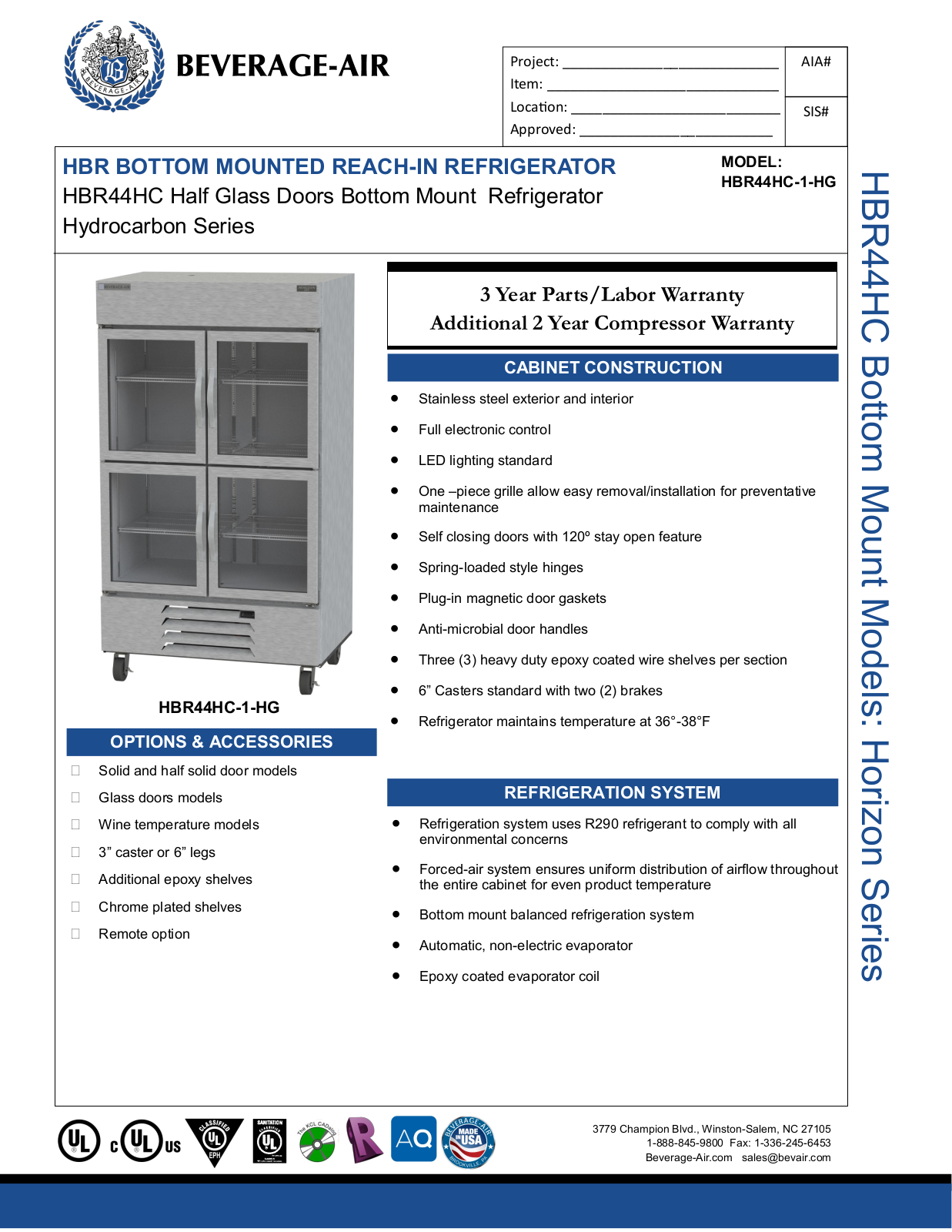 Beverage-Air HBR44HC1HG Specifications