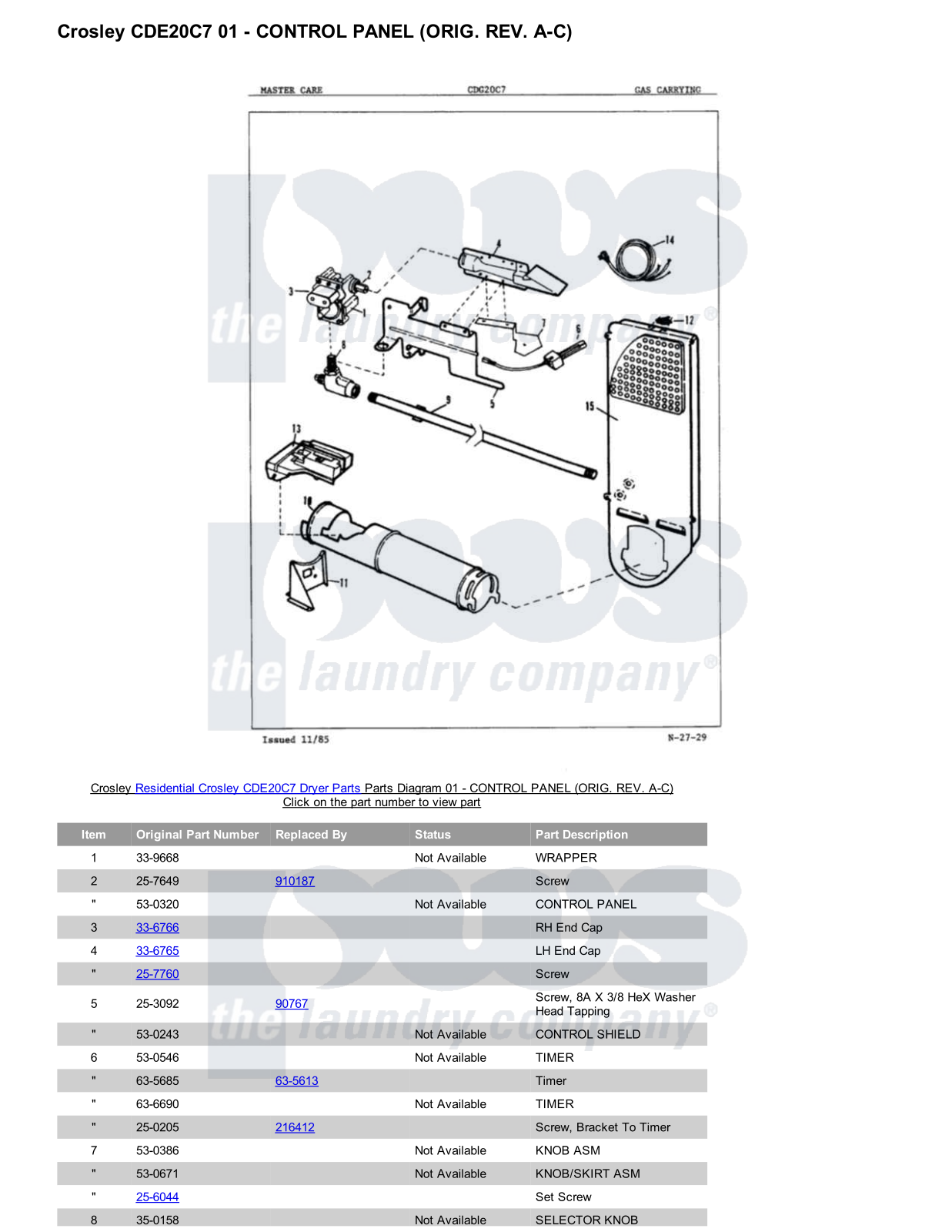 Crosley CDE20C7 Parts Diagram