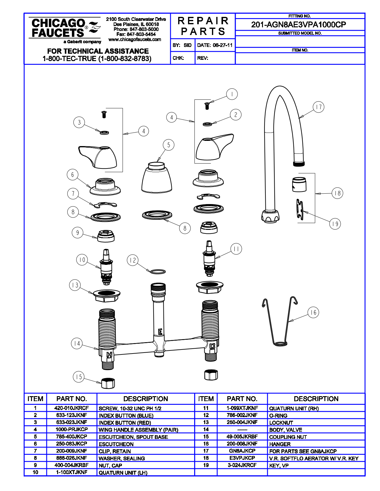 Chicago Faucet 201-AGN8AE3VPA1000CP Parts List