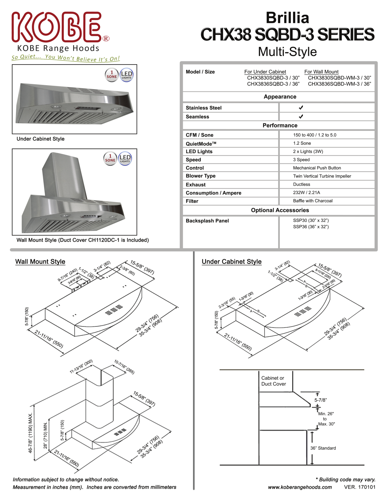 Kobe CHX3830SQBD3, CHX3836SQBD3 PRODUCT SPECIFICATIONS