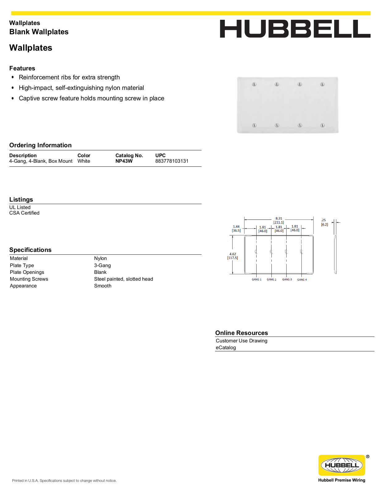 Hubbell NP43W Specifications