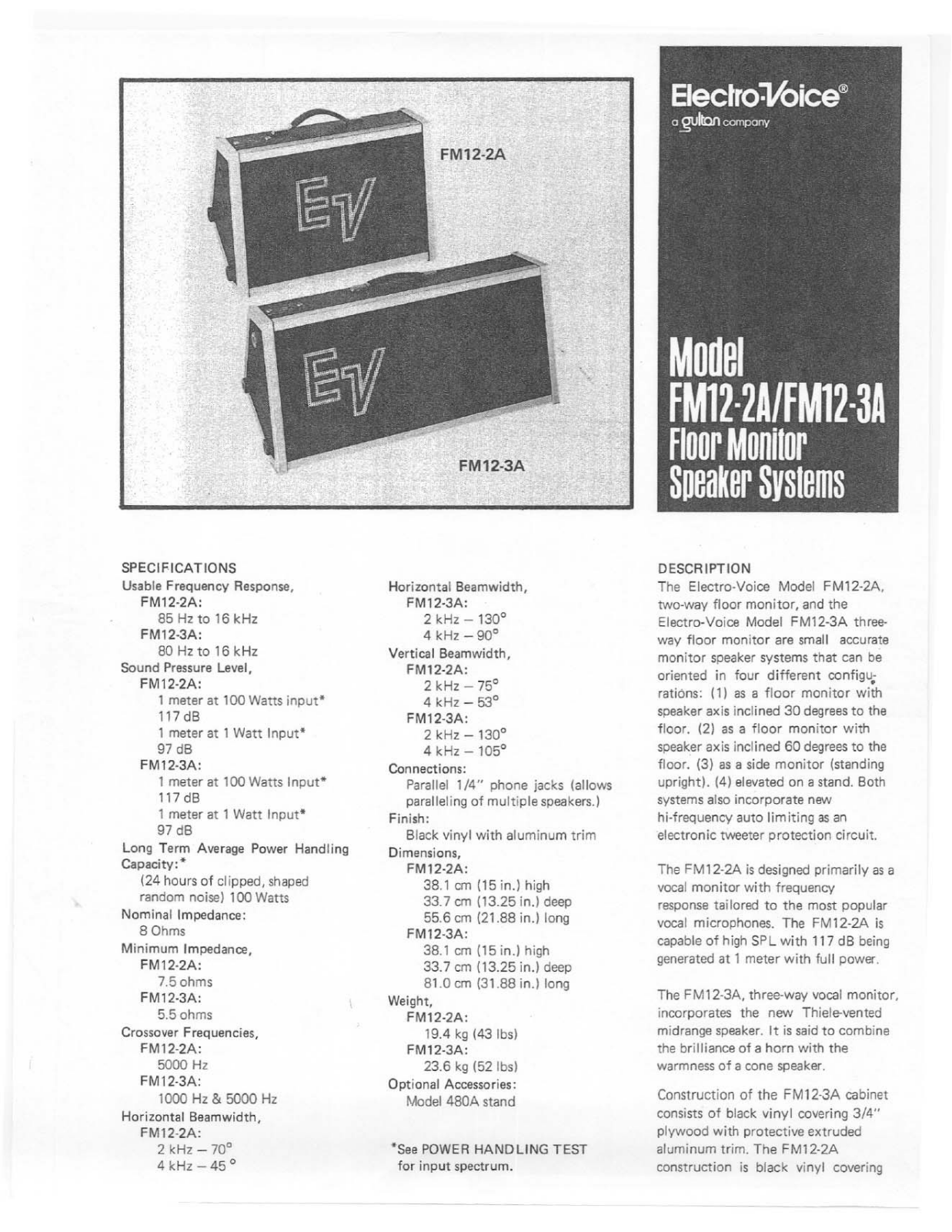 Electro-voice FM12-3A, FM12-2A DATASHEET