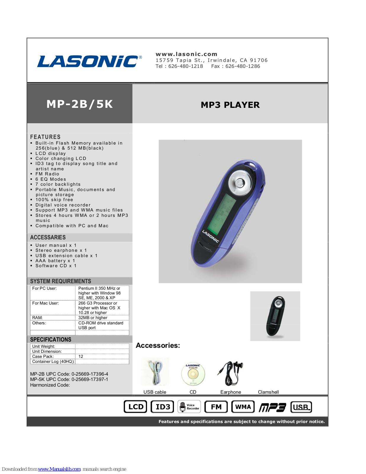 Lasonic MP-2B, MP-5K Specifications