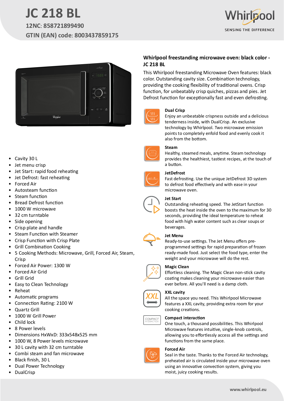 Whirlpool JC 218 BL Product information