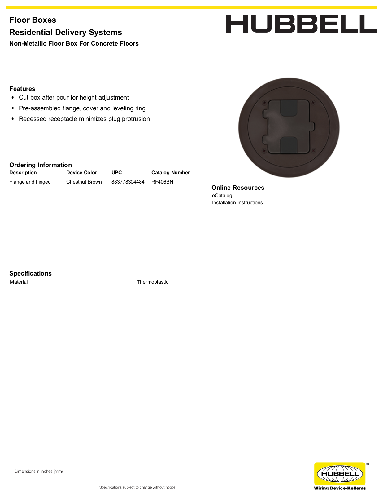 Hubbell RF406BN Specifications