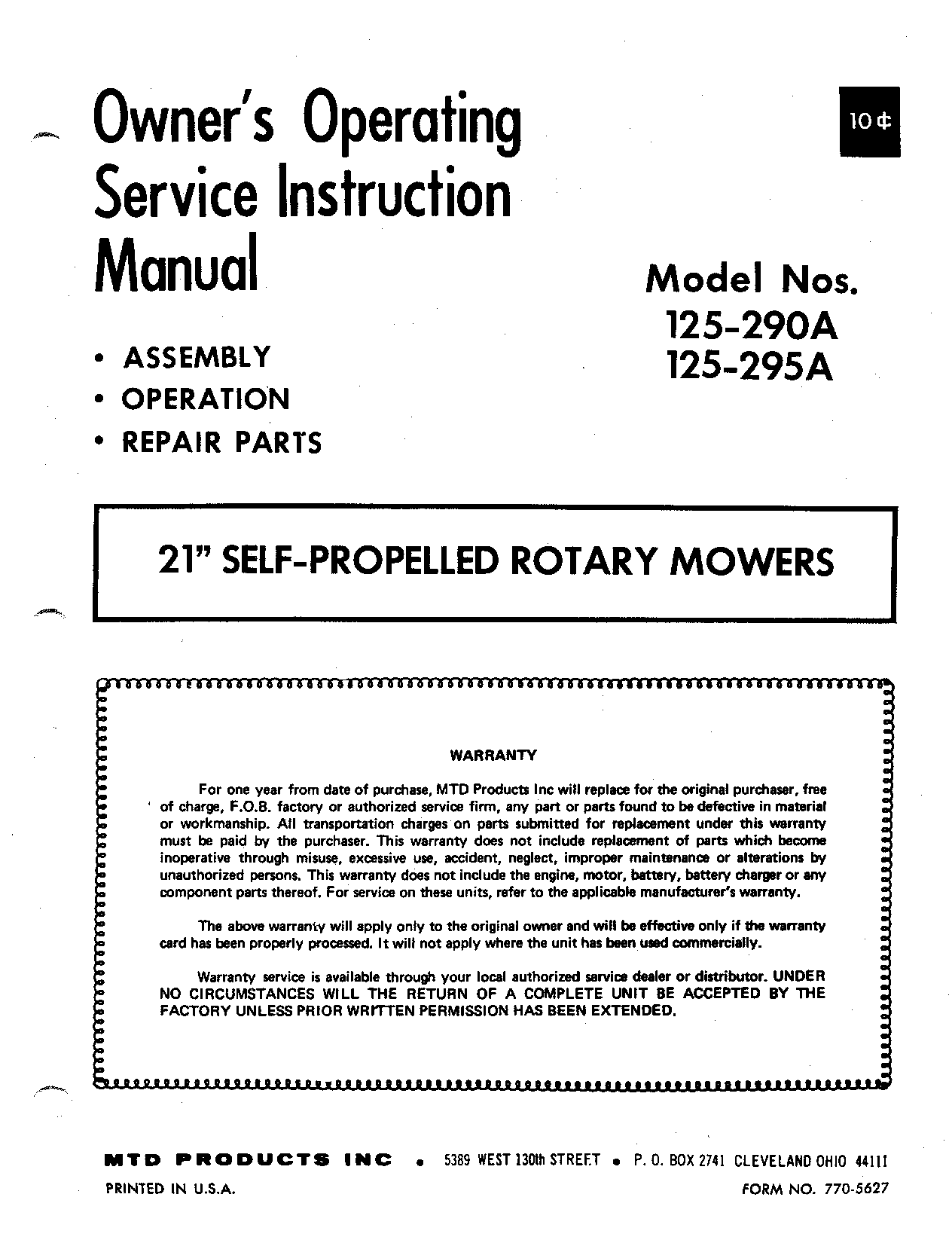 MTD 125-290A, 125-295A User Manual