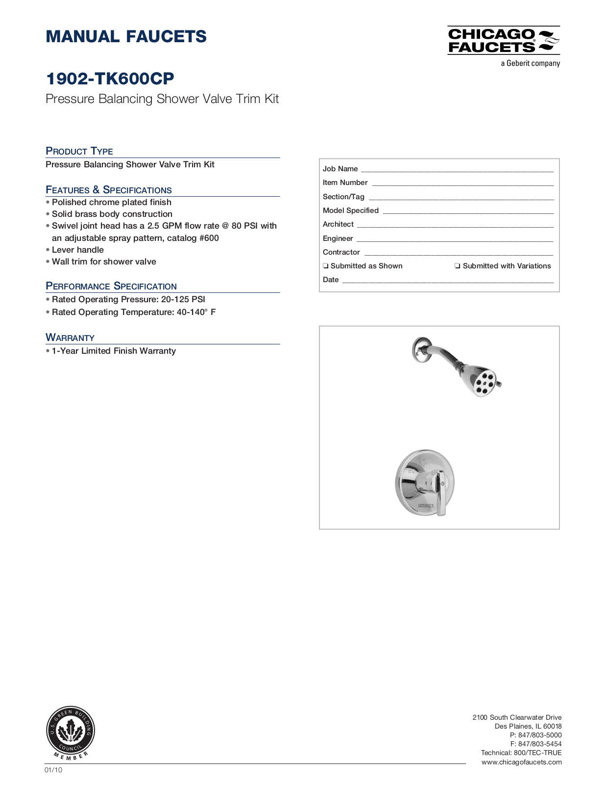 Chicago Faucet 1902-TK600 Specifications