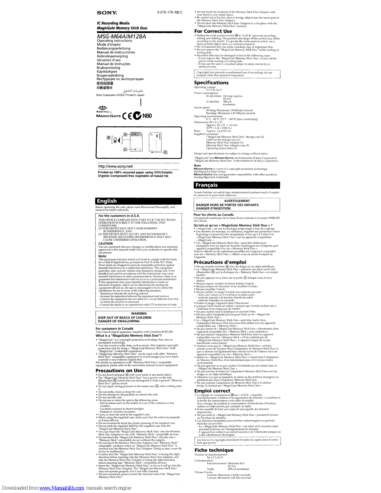 Sony MSG-M64A, MSG-M128A Operating Instructions Manual