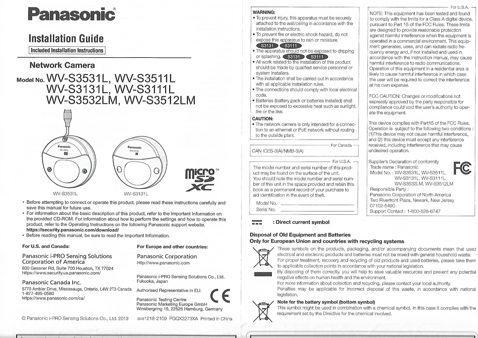 Panasonic WV-S3531L, WV-S3511L, WV-S3131L, WV-S3111L, WV-S3532LM Installation Guide