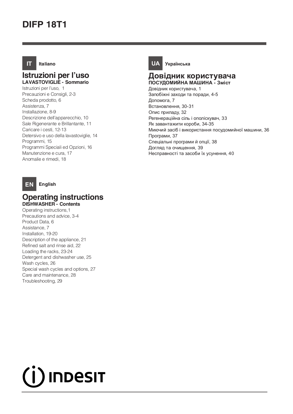 INDESIT DIFP 18T1 CA EU User Manual