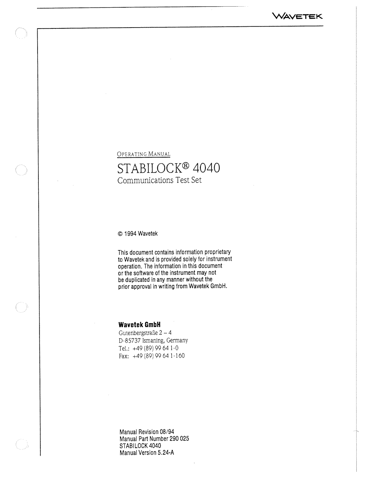 Wavetek Stabilock 4040 User Manual