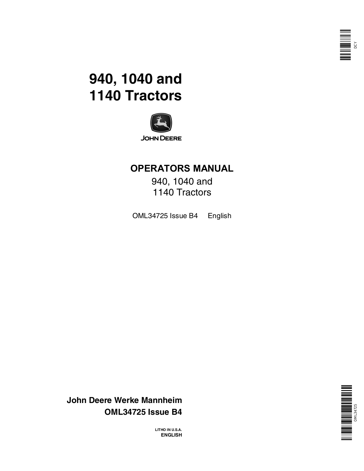 John Deere 940, 1040, 1140 Owners Manual