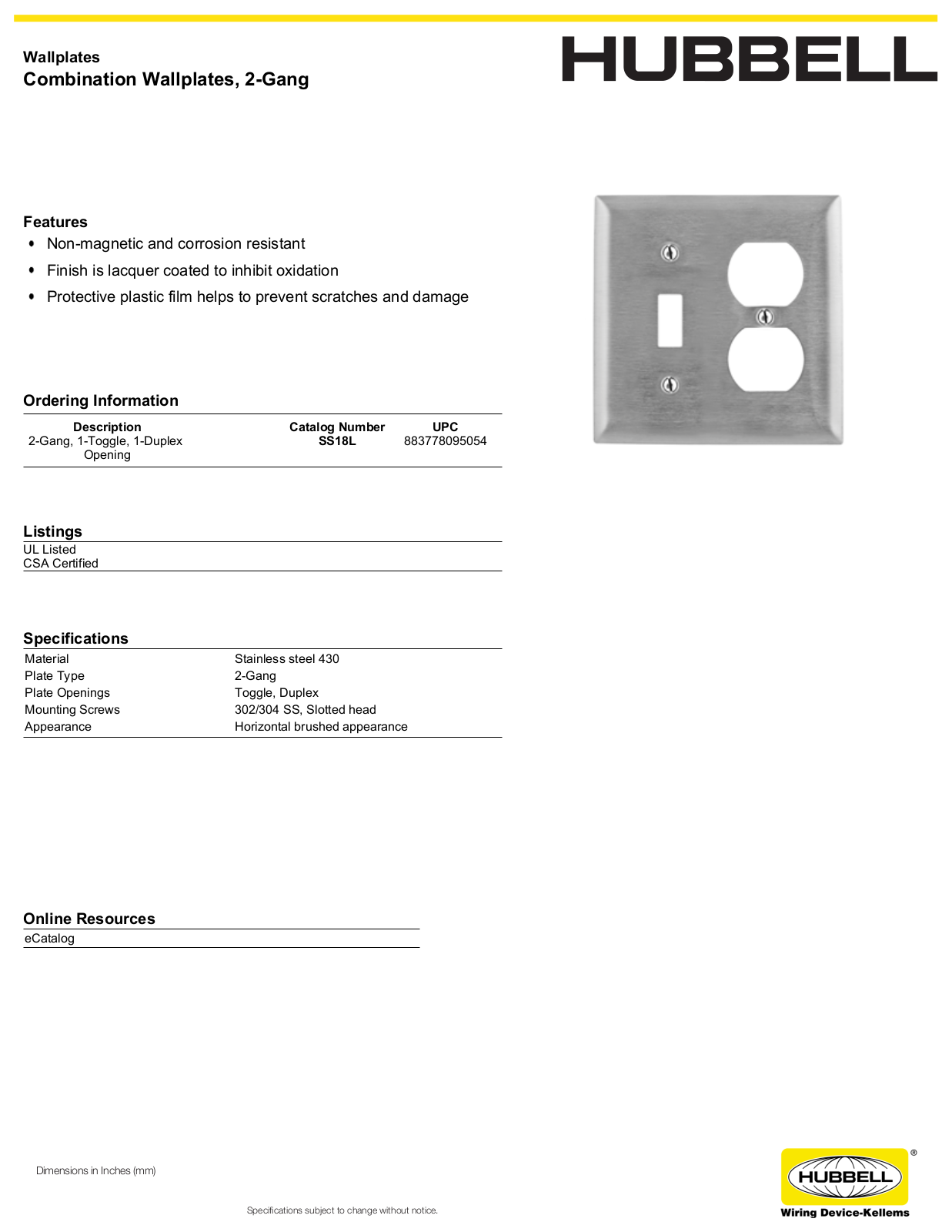 Hubbell SS18L Specifications