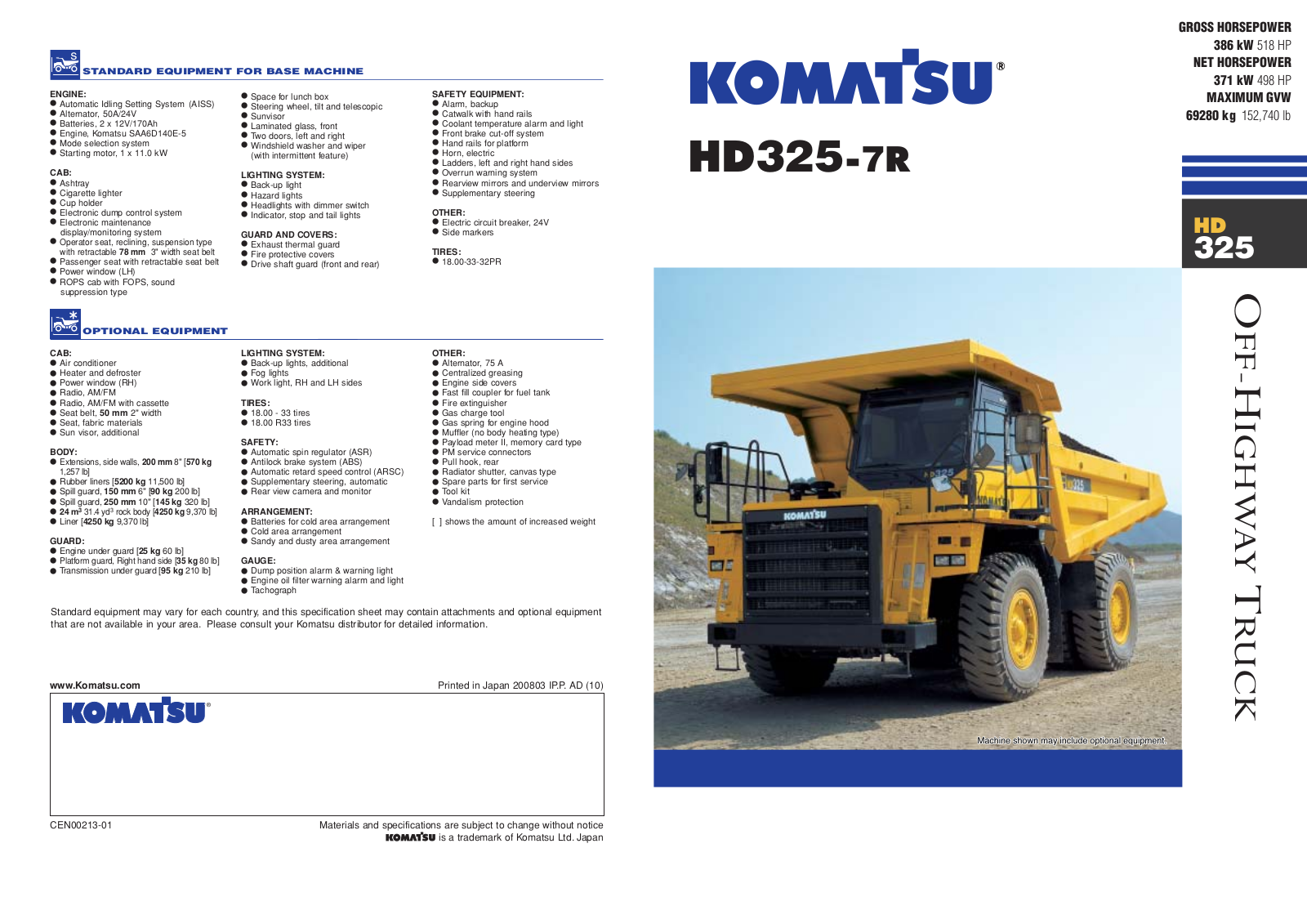 komatsu HD325-7R SPECIFICATIONS