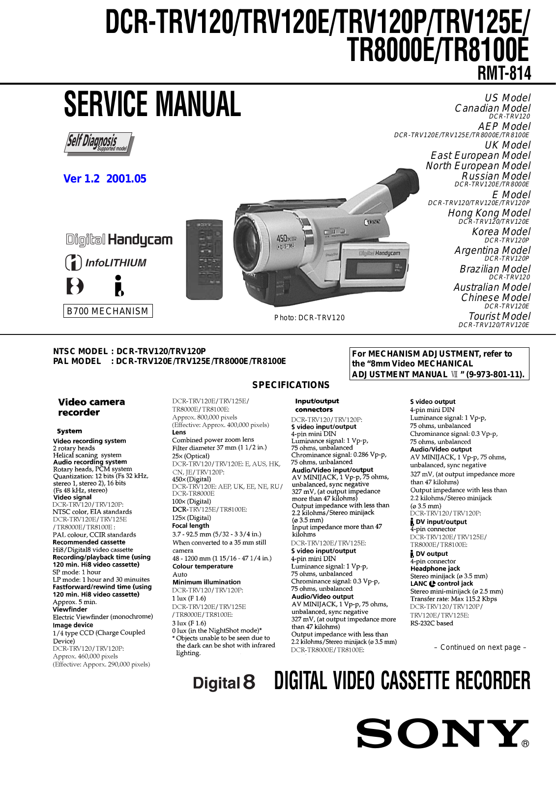 Sony DCR-TRV120, DCR-TRV120E, DCR-TRV120P, DCR-TRV125E, DCR-TR8000E Service manual