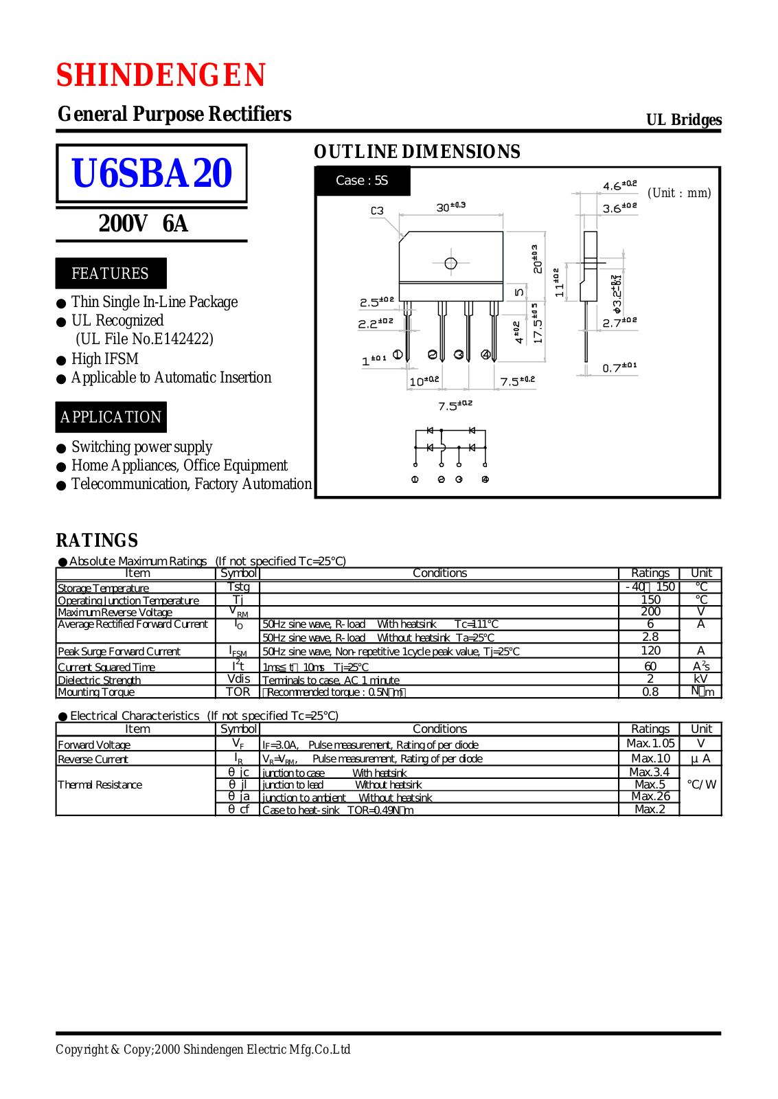 Shindengen Electric Manufacturing Company Ltd U6SBA20 Datasheet