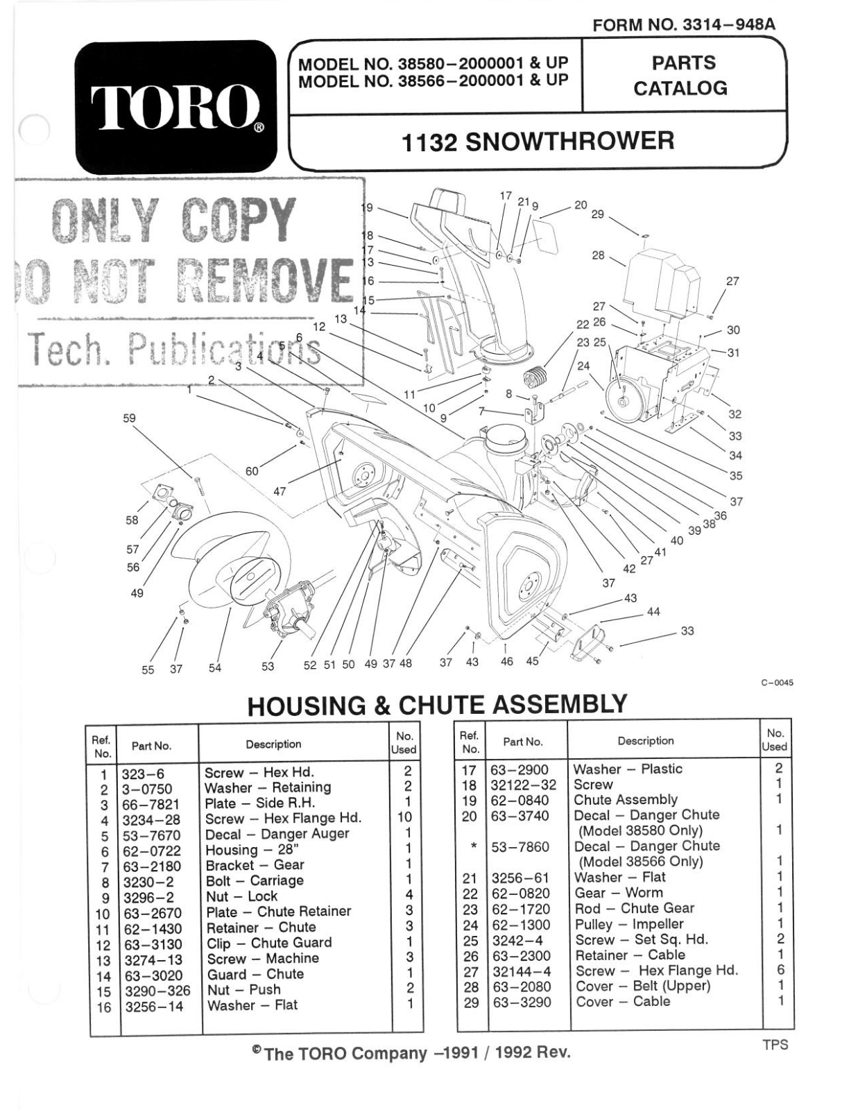 Toro 38566, 38580 Parts Catalogue