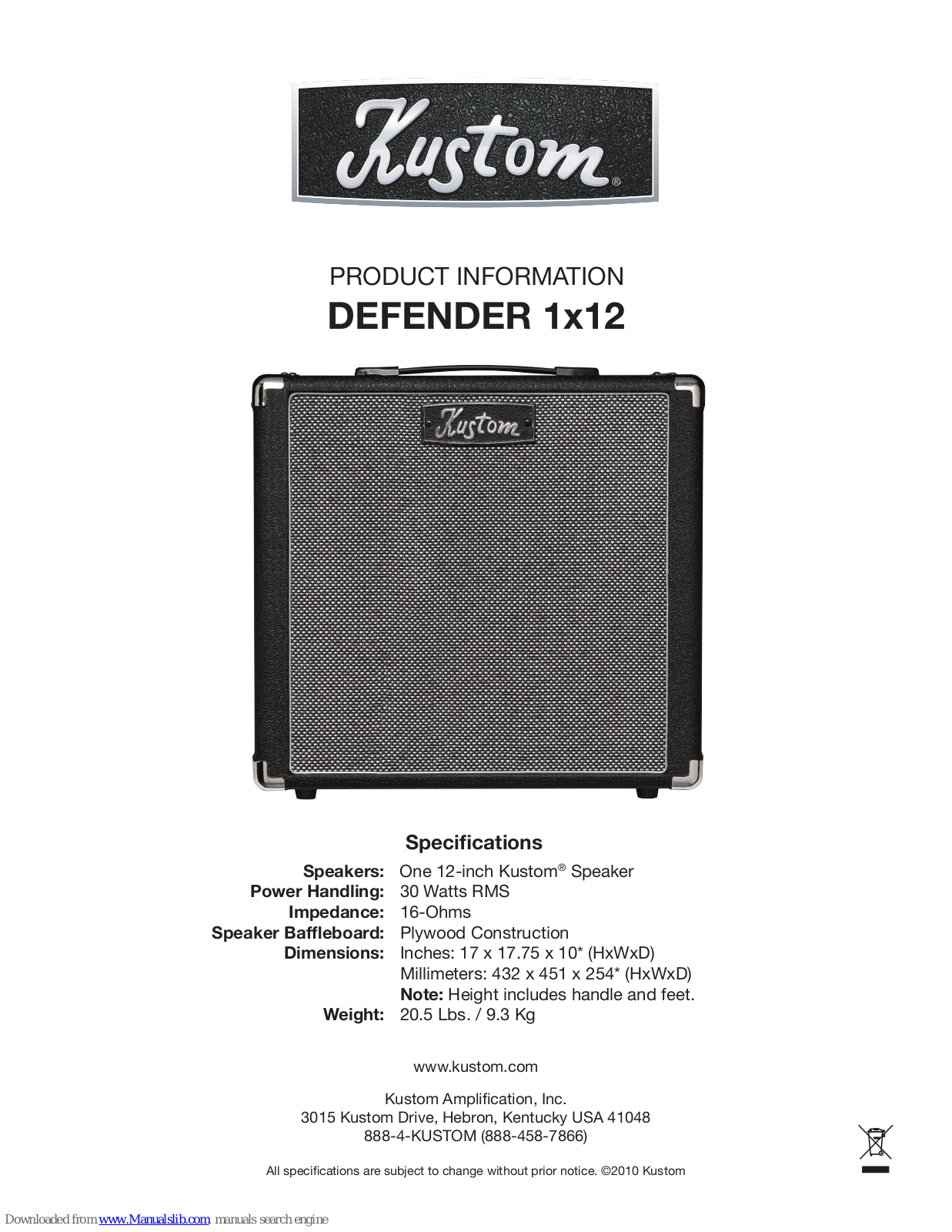 Kustom DEFENDER 1x12 Specification