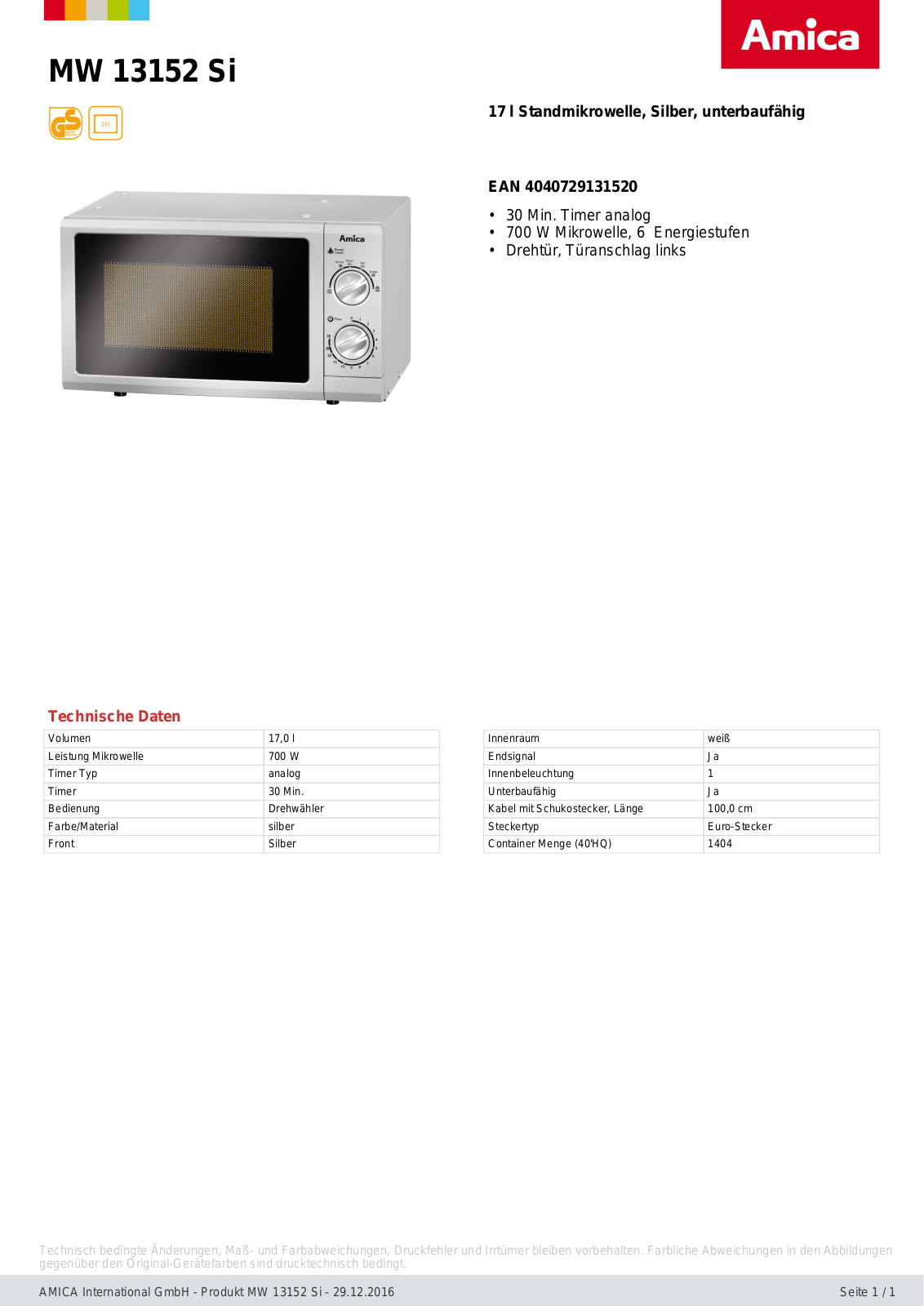 Amica MW 13152 Si User Manual