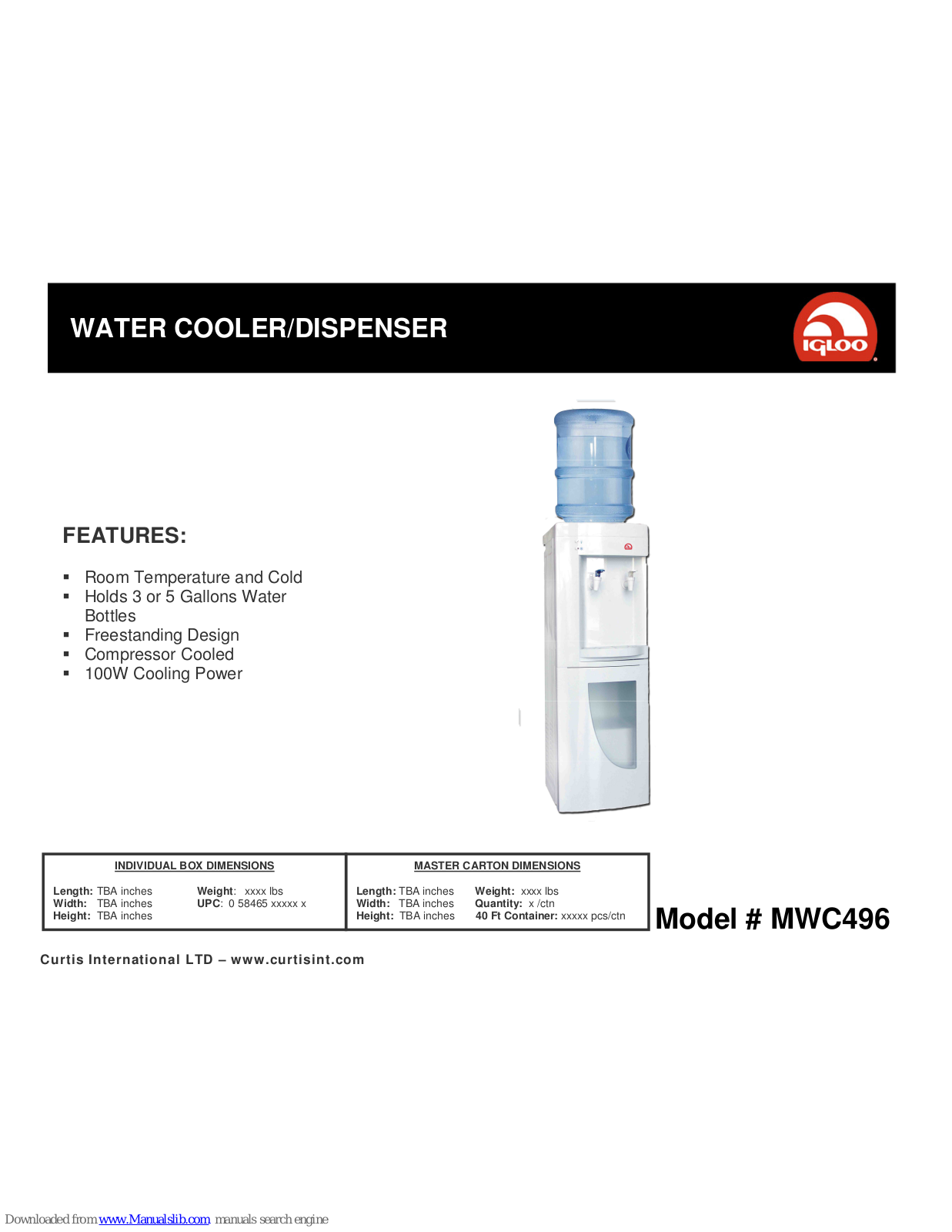 Igloo Water Cooler/Dispenser MWC496 Specification Sheet