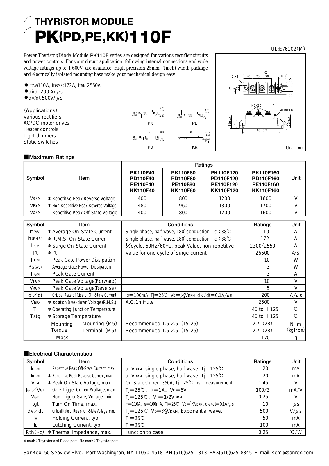 Sanrex-Sansha Electric Manufacturing PK110F, PD110F, PE110F, KK110F Data Sheet