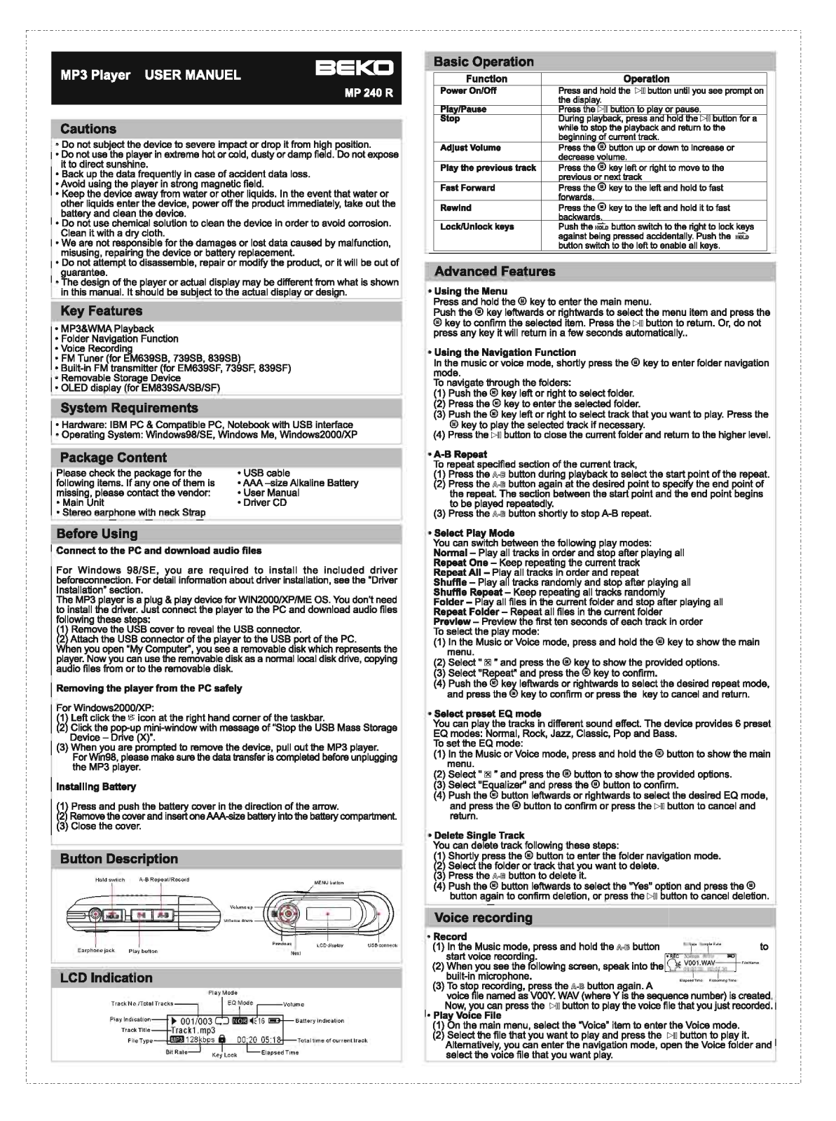 Beko MP-240R User Manual