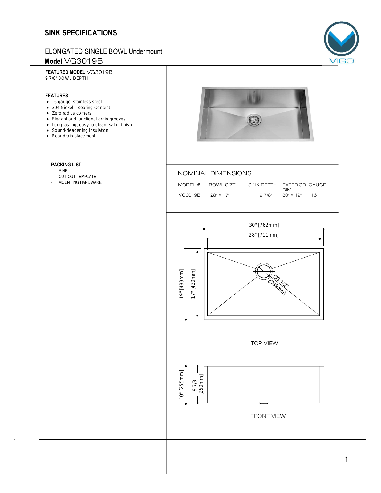 Vigo VG15295, VG15293 Specifications