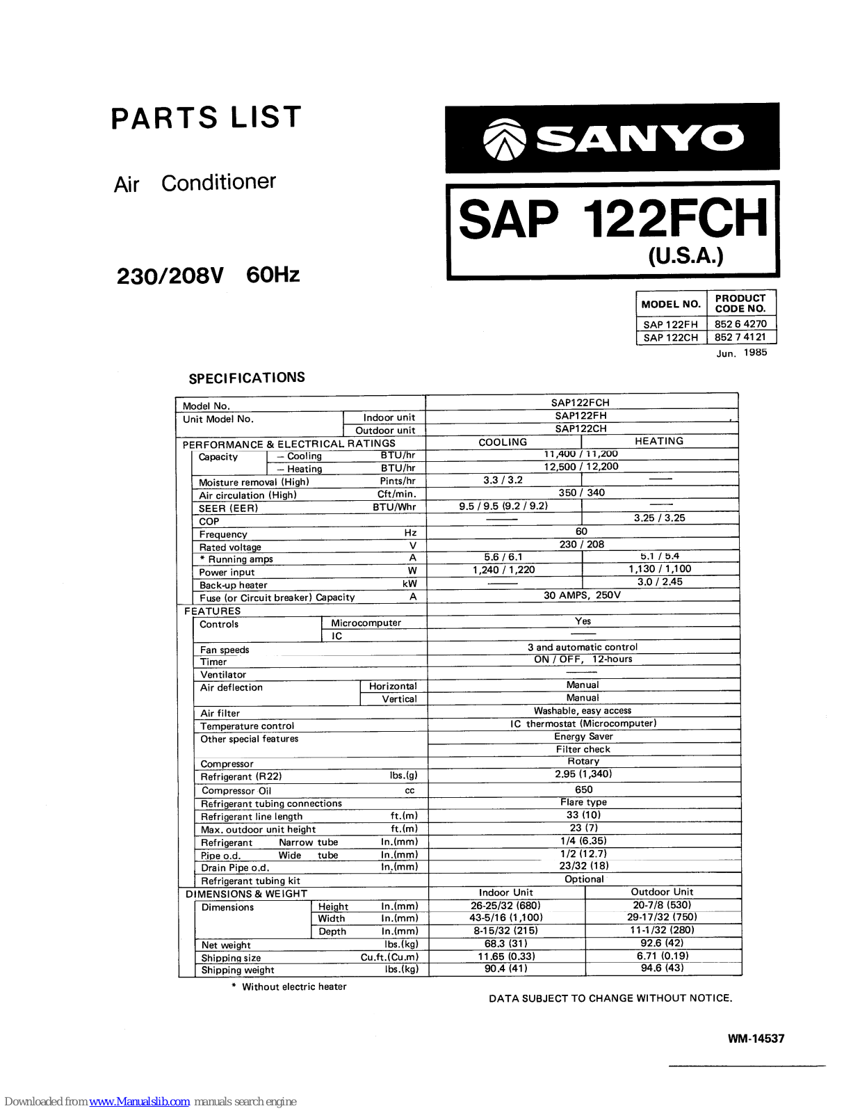 Sanyo SAP 122FCH,SAP 122FCH Parts List