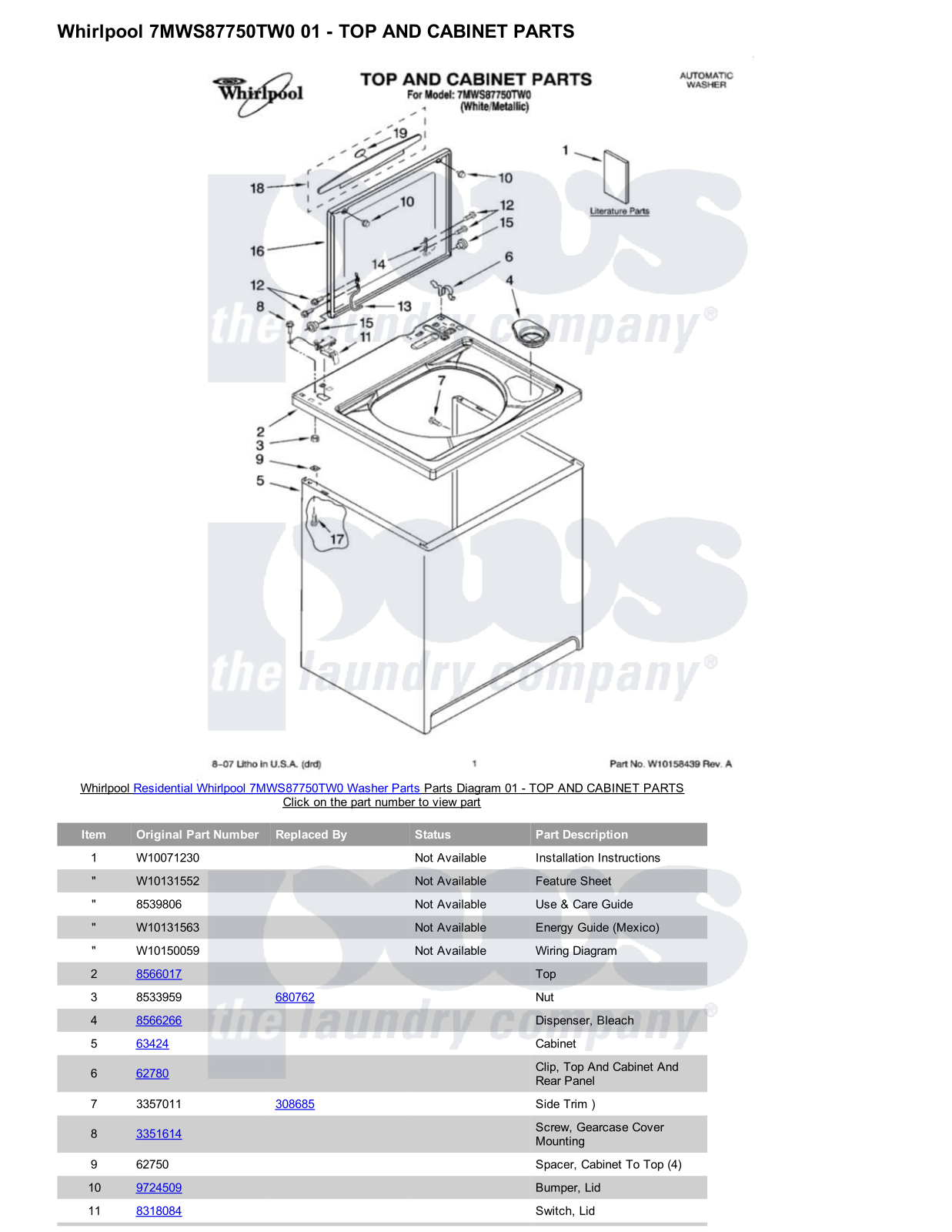 Whirlpool 7MWS87750TW0 Parts Diagram