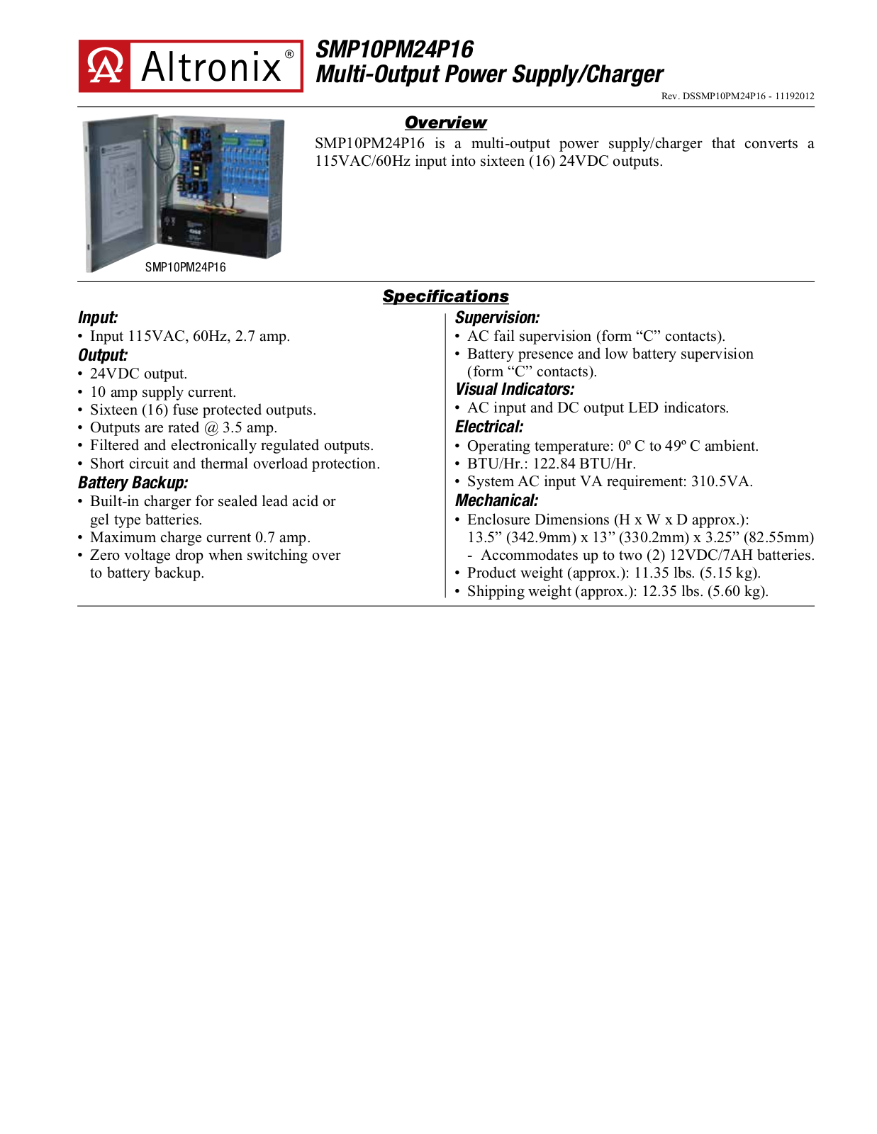 Altronix SMP10PM24P16 Specsheet