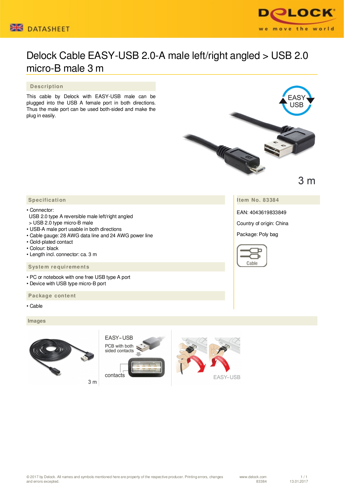 DeLOCK EASY-USB 2.0 cable, USB-A 90° horizontal angled  plug  on micro-B  plug , 3m User Manual - ManualMachine.com