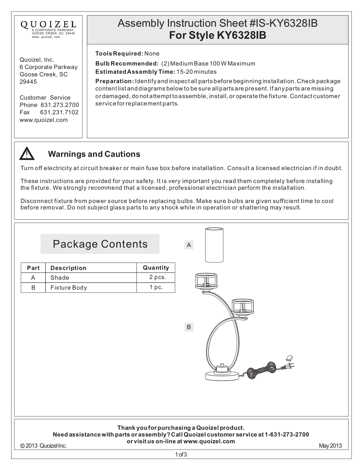 Quoizel KY6328IB User Manual