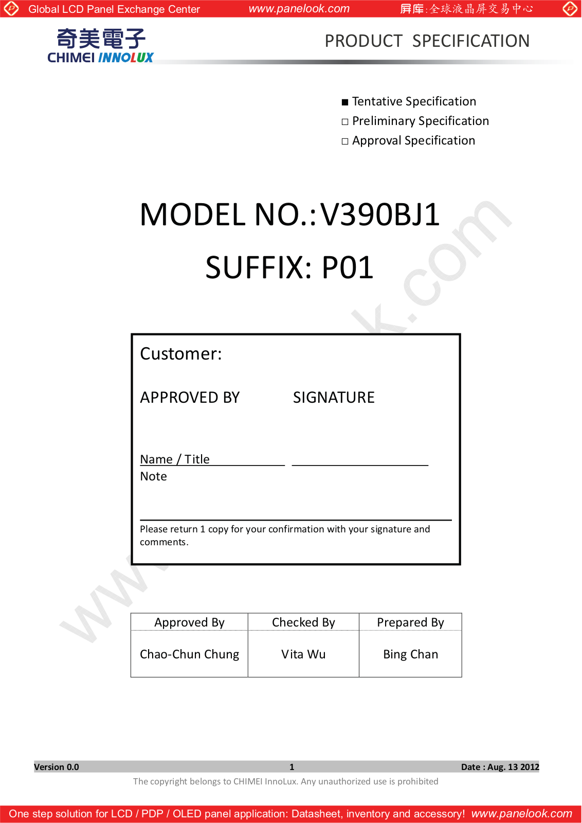 CHIMEI INNOLUX V390BJ1-P01 Specification