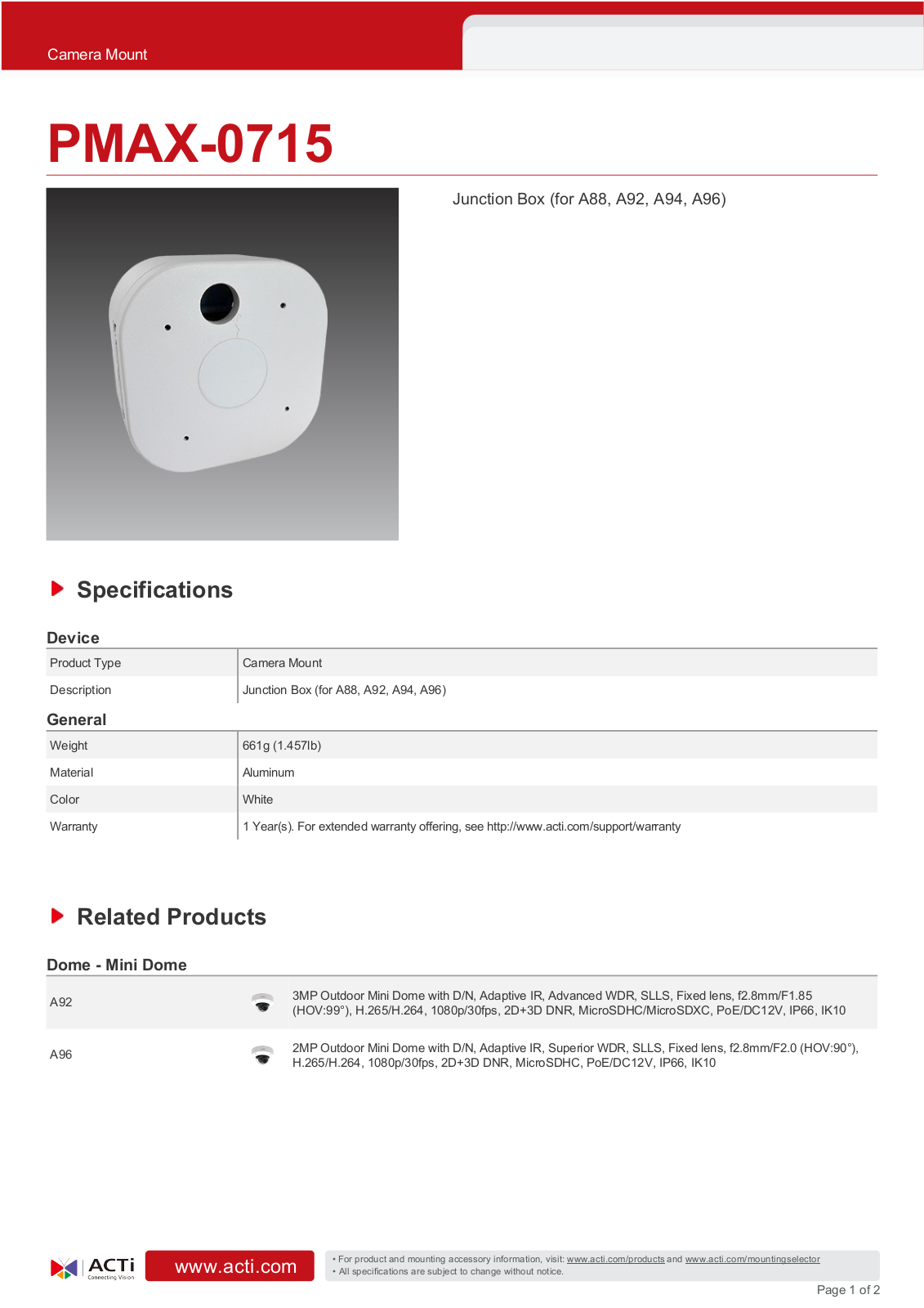 ACTi PMAX-0715 Specsheet