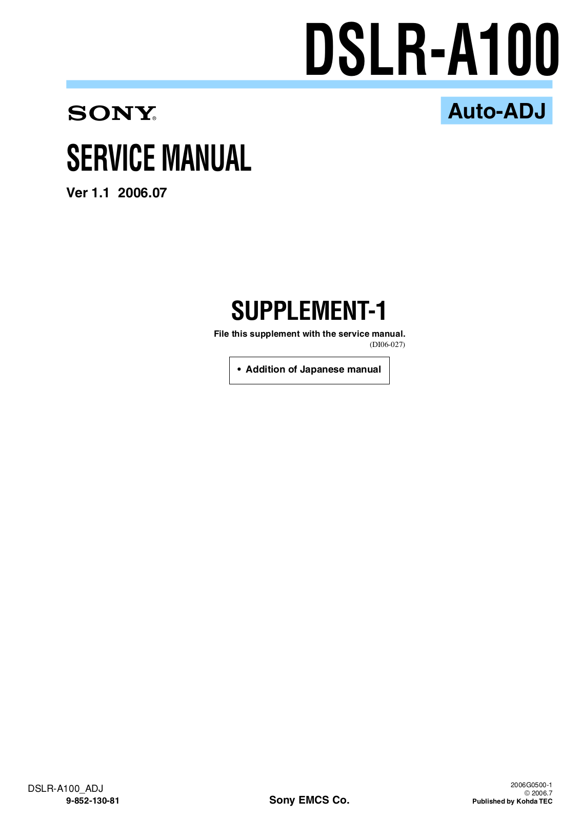 SONY DSLR-A100 SERVICE MANUAL SUPPLEMENT 1