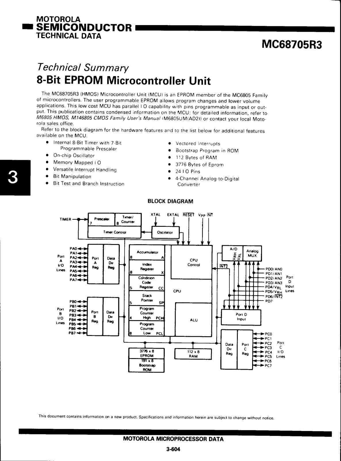 MOTOROLA MC68705R3 Technical data