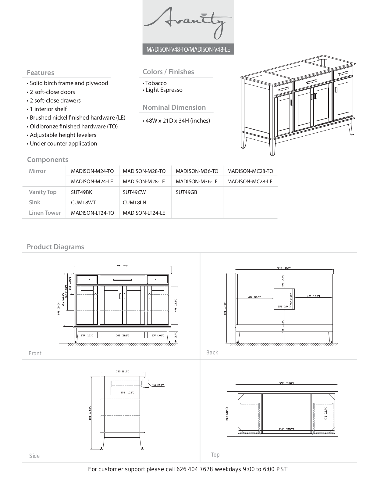 Avanity MADISONVS48TOA, MADISONVS48TOC Specifications