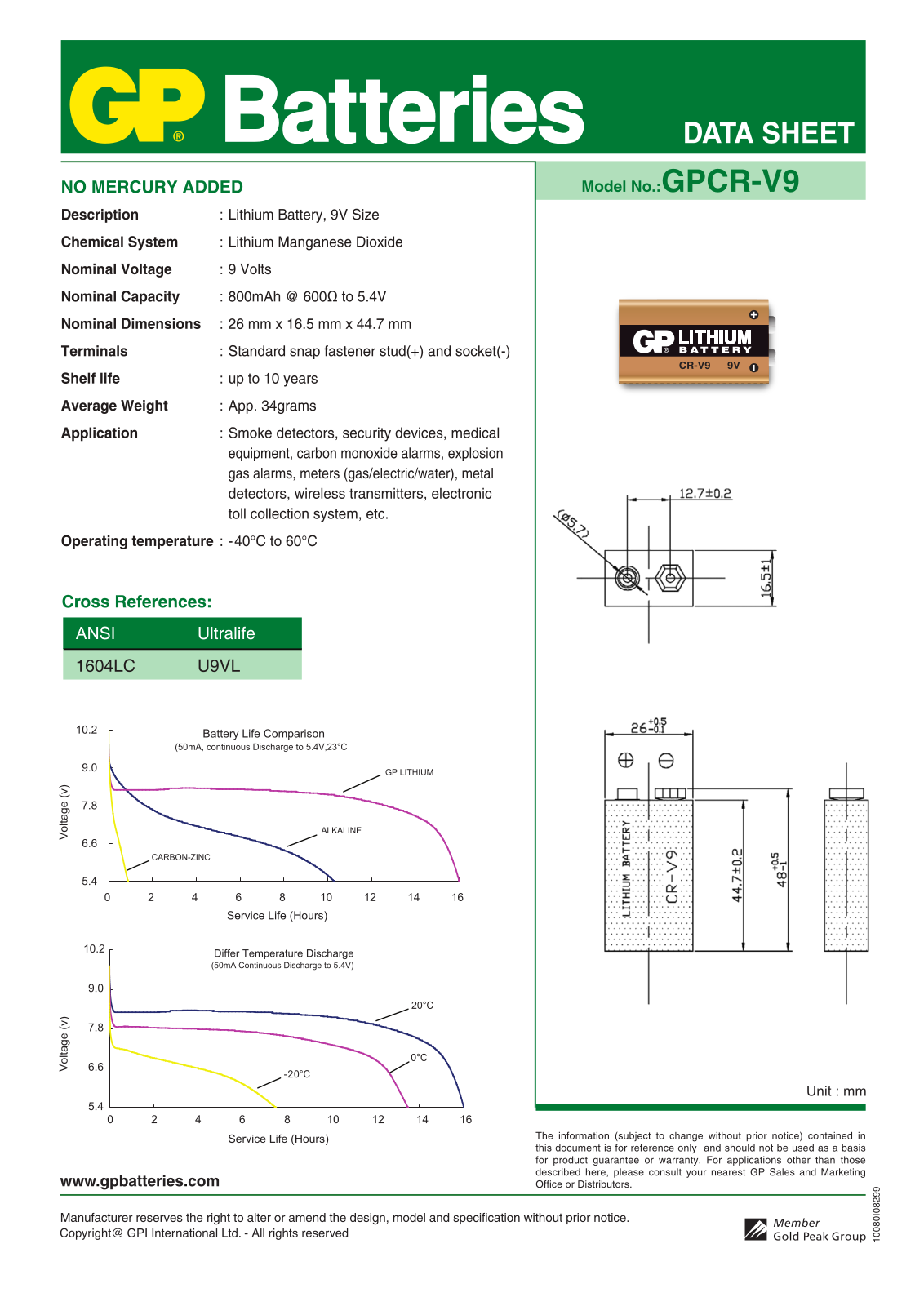 Gp batteries GPCR-V9 DATASHEET