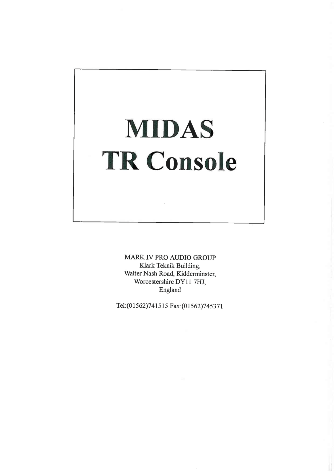 Midas Consoles TR CONSOLE User Manual