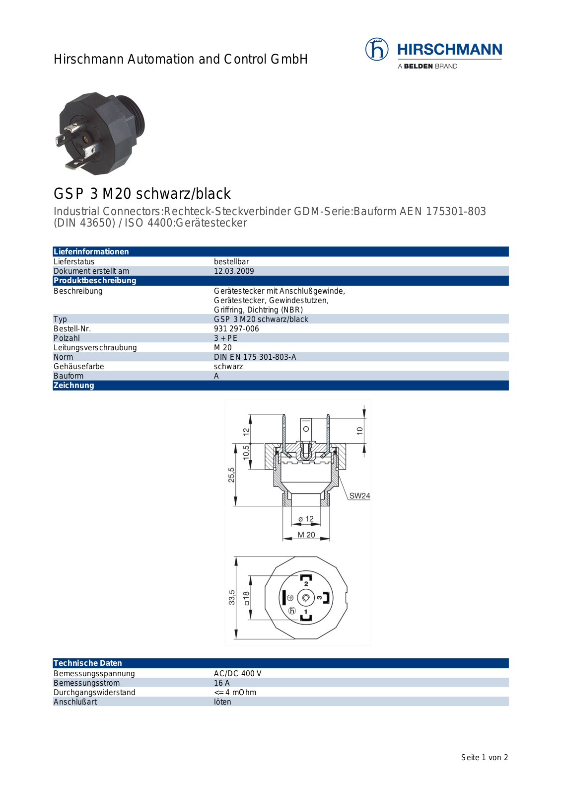 BELDEN GSP 3 M20 Datasheet - ManualMachine.com