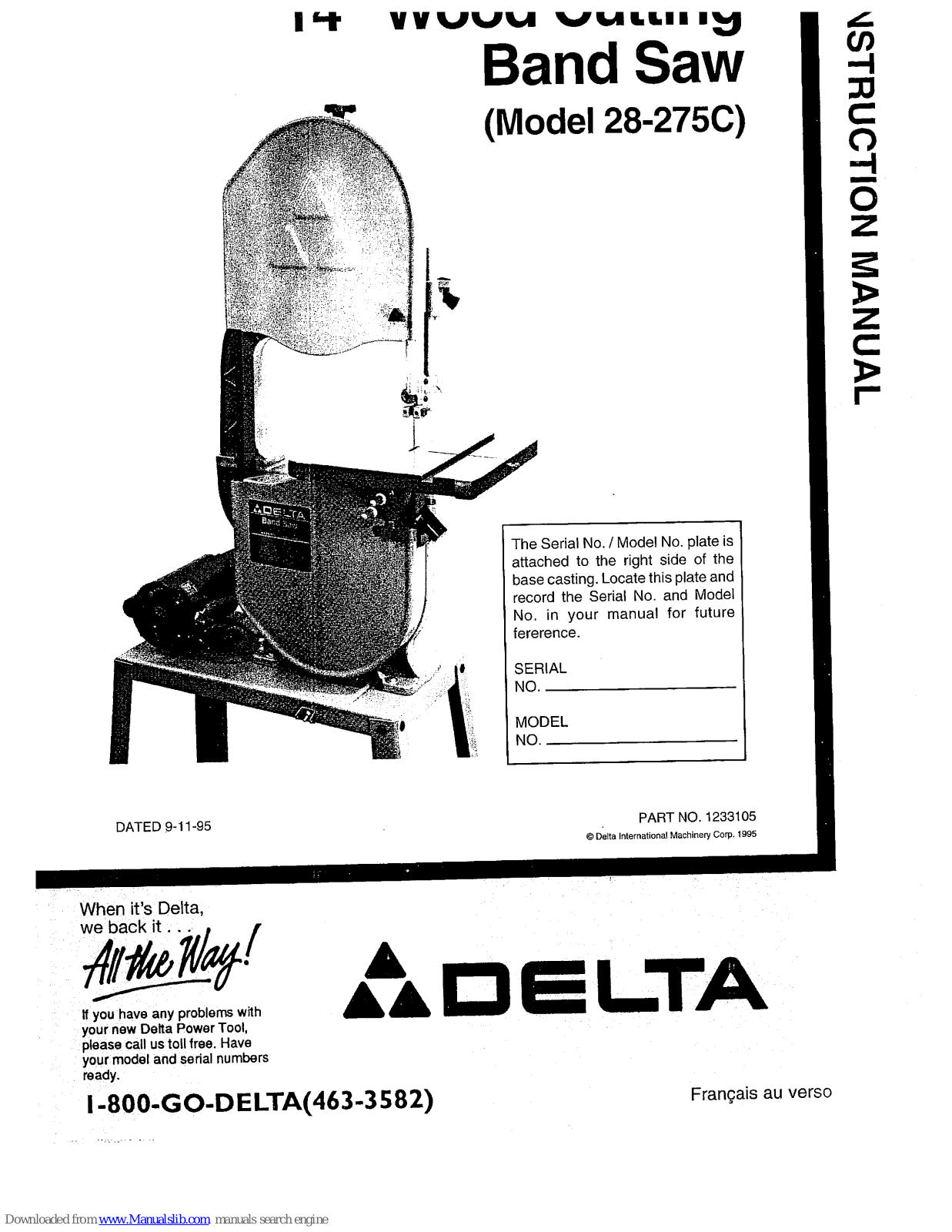 Delta WOOD CUTTING BAND SAW 28-275C, 28-275C Instruction Manual