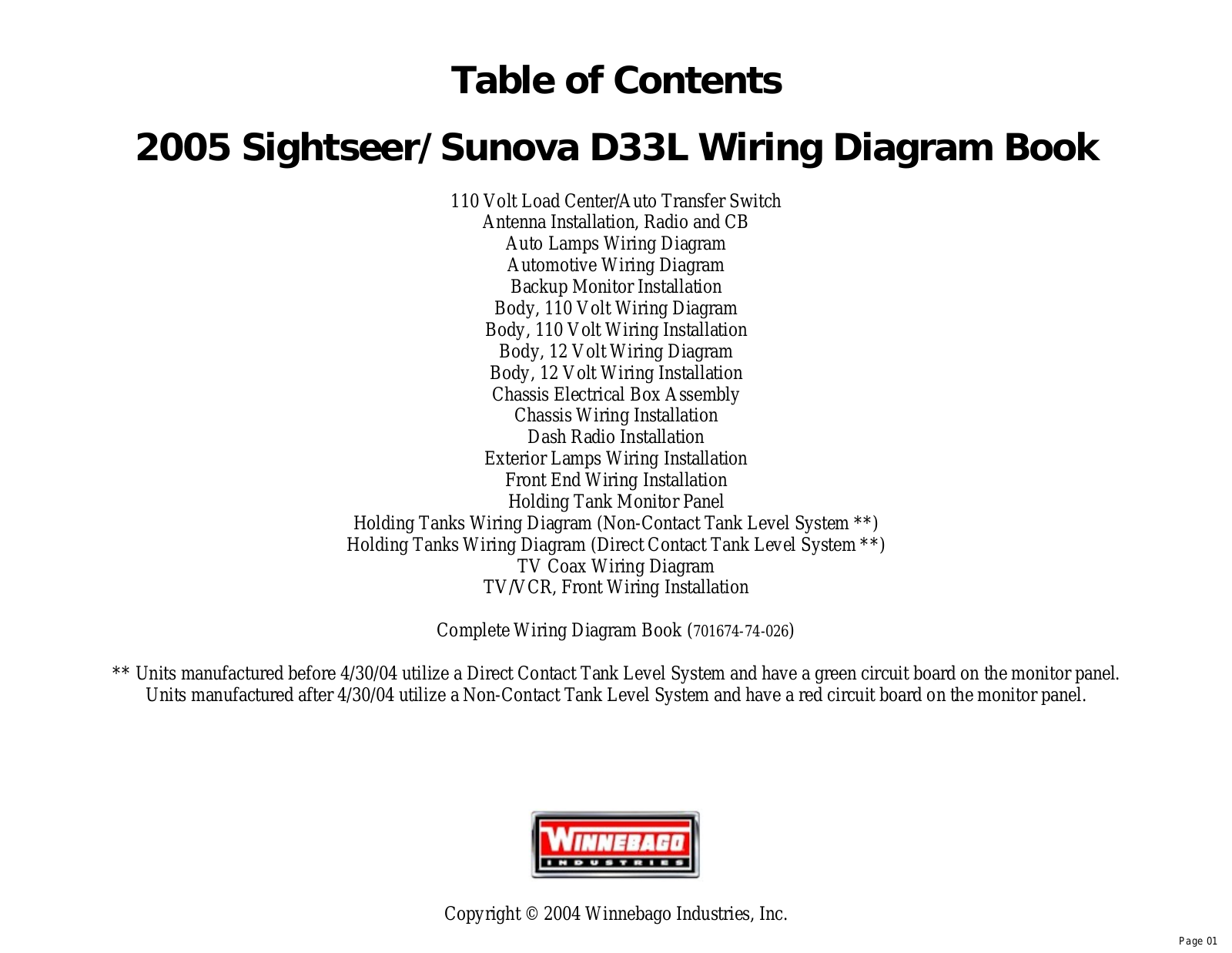 Winnebago Sightseer D33L (2005), Sunova D33L (2005) Wiring Diagram Book