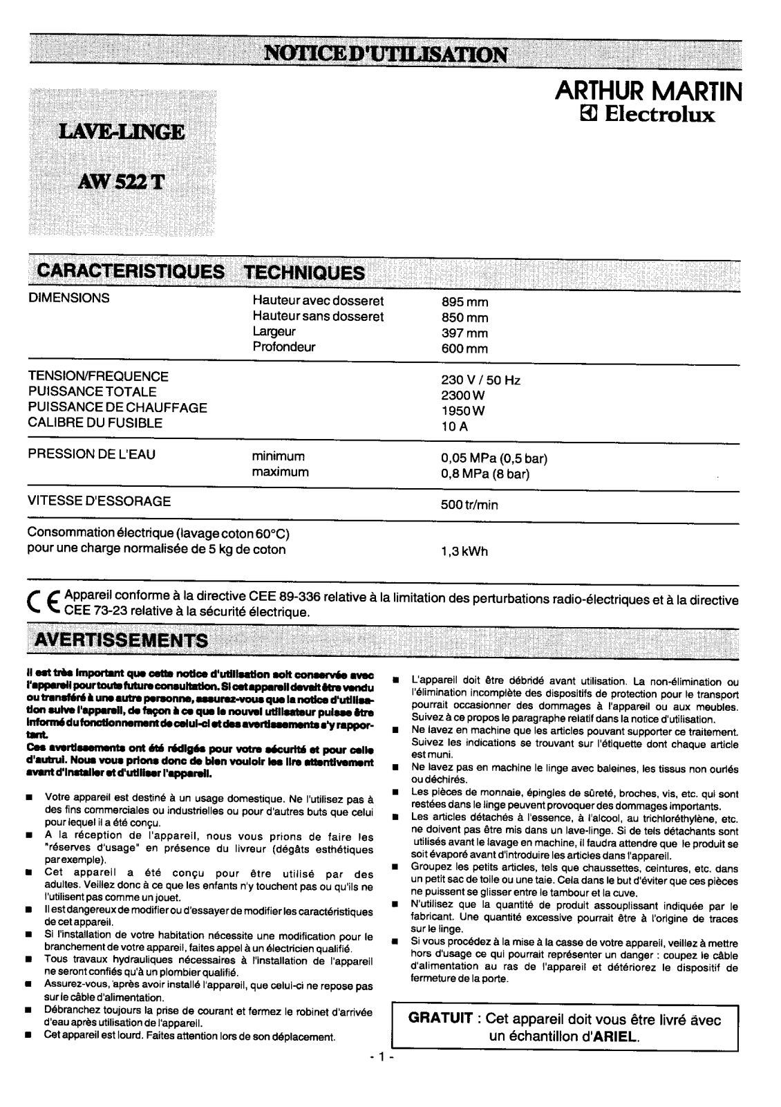 Arthur martin AW522T User Manual